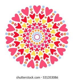 Round mandala made of hearts of different colors, Isolated design element, Vector illustration.