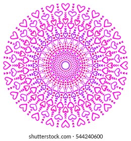Round mandala made of hearts in different colors; Isolated design element; Vector illustration