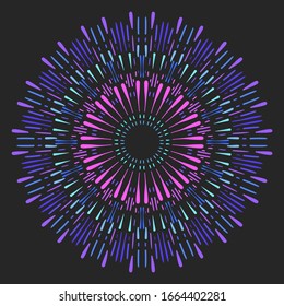 Mandala redonda feita de linhas de cor, tamanho e forma diferentes do centro. Ilustração vetorial sobre fundo escuro