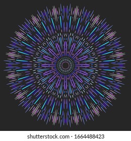 Round mandala made of lines different color, size and shape diverging from the center. Vector illustration on dark background