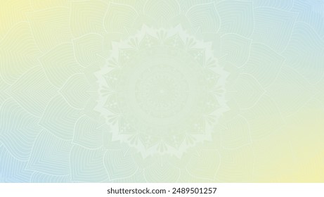 Round mandala on colorfull gradient background. Translucent mesh pattern in the form of a mandala. Mandala with floral patterns. Pastel Yoga template. Gradient background with round mandala.