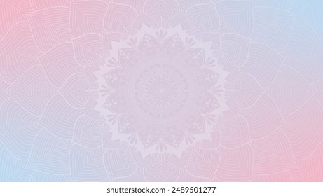 Round mandala on colorfull gradient background. Translucent mesh pattern in the form of a mandala. Mandala with floral patterns. Pastel Yoga template. Gradient background with round mandala.