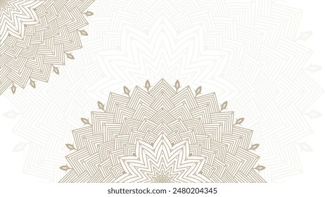 Round mandala on dreamy gold gradient background. Translucent mesh pattern in the form of a mandala. Mandala with floral patterns. Pastel Yoga template. Gradient background with round mandala.