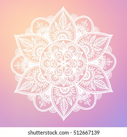 Round mandala on dreamy gradient background. Translucent mesh pattern in the form of a mandala. Mandala with floral patterns. Yoga template.