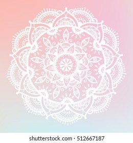 Round mandala on dreamy gradient background. Translucent mesh pattern in the form of a mandala. Mandala with floral patterns. Yoga template.