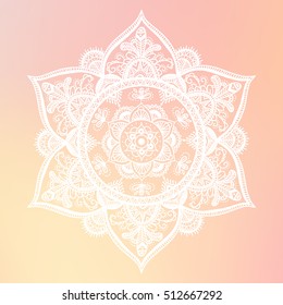 Round mandala on dreamy gradient background. Translucent mesh pattern in the form of a mandala. Mandala with floral patterns. Yoga template.