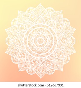 Round mandala on dreamy gradient background. Translucent mesh pattern in the form of a mandala. Mandala with floral patterns. Yoga template.