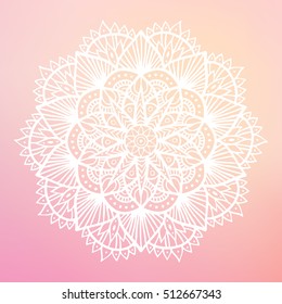 Round mandala on dreamy gradient background. Translucent mesh pattern in the form of a mandala. Mandala with floral patterns. Yoga template.