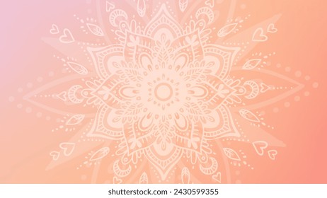 Round mandala on dreamy peach fuzz gradient background. Translucent mesh pattern in the form of a mandala. Mandala with floral patterns. Pastel Yoga template.