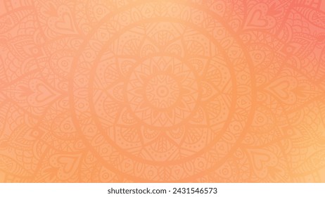 Round mandala on dreamy peach fuzz gradient background. Translucent mesh pattern in the form of a mandala. Mandala with floral patterns. Pastel Yoga template.