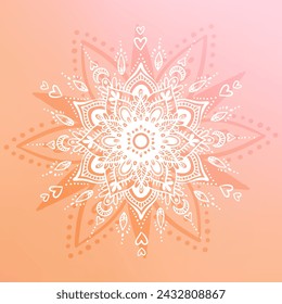 Round mandala on dreamy peach fuzz gradient background. Translucent mesh pattern in the form of a mandala. Mandala with floral patterns. Pastel Yoga template.