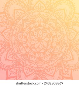 Round mandala on dreamy peach fuzz gradient background. Translucent mesh pattern in the form of a mandala. Mandala with floral patterns. Pastel Yoga template.