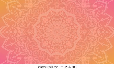 Round mandala on dreamy peach fuzz gradient background. Translucent mesh pattern in the form of a mandala. Mandala with floral patterns. Gradient background, Mandala ready to print