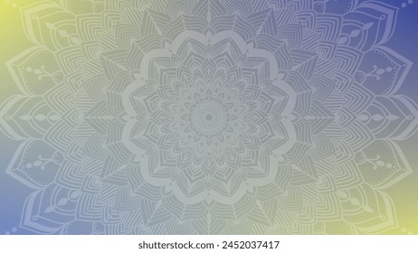 Round mandala on dreamy peach fuzz gradient background. Translucent mesh pattern in the form of a mandala. Mandala with floral patterns. Gradient background, Mandala ready to print
