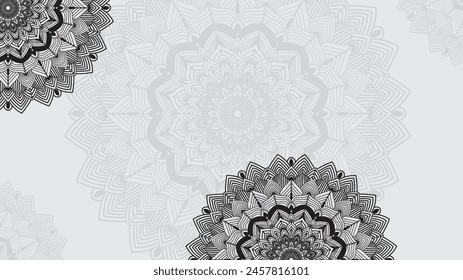 Round mandala on dreamy peach fuzz gradient background. Translucent mesh pattern in the form of a mandala. Mandala with floral patterns. Pastel Yoga template.