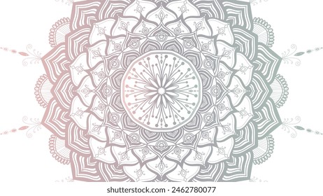 Round mandala on dreamy peach fuzz gradient background. Translucent mesh pattern in the form of a mandala. Mandala with floral patterns. Pastel Yoga template. Gradient background with round mandala. 