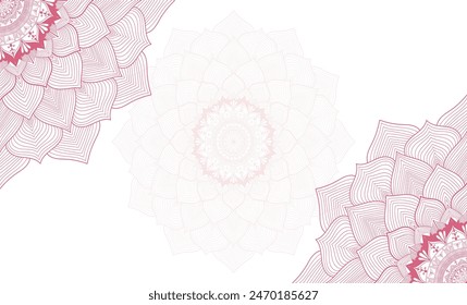 Round mandala on dreamy peach fuzz gradient background. Translucent mesh pattern in the form of a mandala. Mandala with floral patterns. Pastel Yoga template. Gradient background with round mandala. 