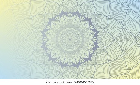 Round mandala on dreamy peach fuzz gradient background. Translucent mesh pattern in the form of a mandala. Mandala with floral patterns. Pastel Yoga template. Gradient background with round mandala.
