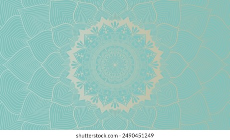 Round mandala on dreamy peach fuzz gradient background. Translucent mesh pattern in the form of a mandala. Mandala with floral patterns. Pastel Yoga template. Gradient background with round mandala.
