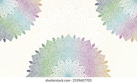 Round mandala on dreamy peach fuzz gradient background. Translucent mesh pattern in the form of a mandala. Mandala with floral patterns. Pastel Yoga template. Gradient background with round mandala.