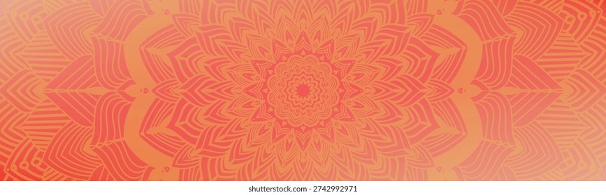 Round mandala on dreamy peach fuzz gradient background. Translucent mesh pattern in the form of a mandala. Mandala with floral patterns. Gradient background with round mandala, New Pattern gradient.March 