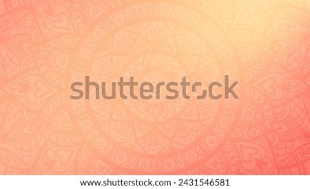 Round mandala on dreamy peach fuzz gradient background. Translucent mesh pattern in the form of a mandala. Mandala with floral patterns. Pastel Yoga template.