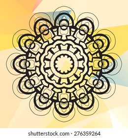 Round mandala on triangles background. Perfect for any kind of design, kaleidoscope, medallion, karma, yoga, indian, arabic lace over pink triangles background