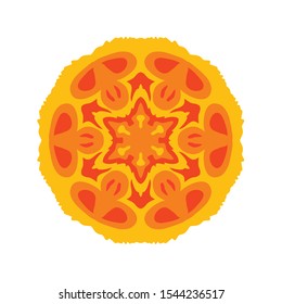 Round mandala on white isolated background. Mandala in orange and yellow colors. Mandala with floral patterns. Yoga template.