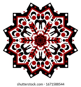 Round mandala on white isolated background.  Mandala vector in black, red and white.