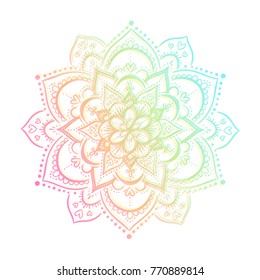 Round mandala on white isolated background. floral mandala pattern. Yoga holographic template. Double color exposure effect.