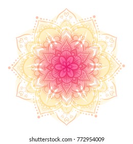 Round mandala on white isolated background. floral mandala pattern. Yoga holographic template. Double color exposure effect.