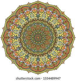 The round mandala is painted in yellow, orange, green and blue. Multicolored oriental pattern. Template for tattoo, henna. Vector ornament for textile, paper, greeting cards,for placement on dishes . 