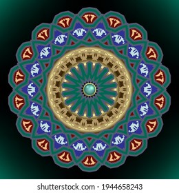 Rundmandala-Muster. Ethnisch-floraler Hintergrund. Farbige Vektorhintergrund. Vintage-Ornamente mit Blumen, Kreise, Formen, Taste. Rosette. Arabesque Stil Design. Für Gewebe, Bildschirmhintergründe, Drucke.