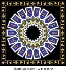 Round mandala pattern with square frame. Ornamental background. Colorful vector backdrop. Vintage floral ancient style ornaments. Greek key meanders, borders. Decorative ornate elegant design.