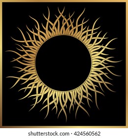   Round mandala  pattern. Vintage decorative vector illustration isolated on black. Hand drawn. Retro style card design. Magical elements in gold over black.
