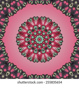Round mandala seamless frame and chakra flower inside. Seamless psychedelic paisley background