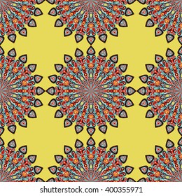 Round mandala seamless pattern. Arabic, Indian, Islamic, Ottoman ornament. Yellow and red floral pattern, motif. Vector illustration.