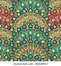 Round mandala seamless pattern. Arabic, Indian, Islamic, Ottoman ornament. Green and red floral pattern, motif. Vector illustration.