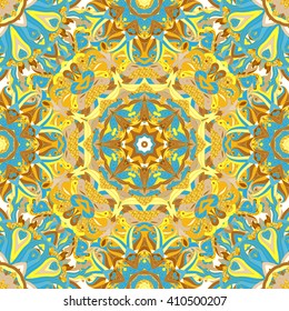 Round mandala seamless pattern. Arabic, Indian, Islamic, Ottoman ornament. Green and red floral pattern, motif. Vector illustration in yellow blue glittering gold colors with golden outline..