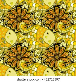 Round mandala seamless pattern. Arabic, Indian, Islamic, Ottoman ornament. Yellow and green floral pattern, motif. Vector illustration.