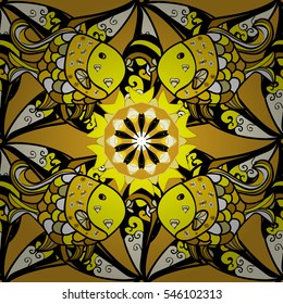 Round mandala seamless pattern. Arabic, Indian, Islamic, Ottoman ornament. Yellow and brown floral pattern, motif. Vector illustration.