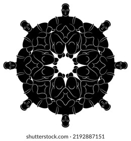 Round mandala shape with Neolithic goddess statuettes from Çatalhöyük, Turkey. Great mother archetype. Black and white silhouette. Creative feminist concept.