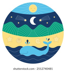 Round mandala of starry night scene with a whale in the ocean and mountains in the background. Naive art with geometric natural elements.