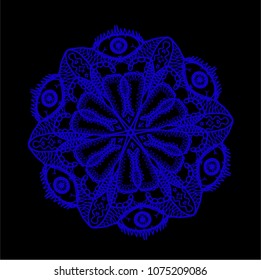 Round mandala in vector. Abstract design element. Decorative retro ornament. Graphic template for your design. Blue mandala on the dark background
