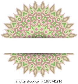 Plantilla de tarjeta vector Mandala redonda con lugar de texto. Diseño de tarjetas de felicitación de cumpleaños. Mandala floral circular con mariposa, corazón, hoja, pétalo, elementos florales. Antecedentes asiáticos.
