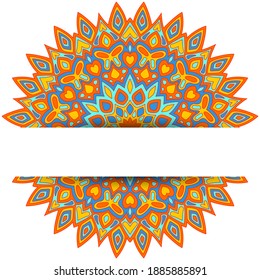 Runde mandala Vektorkartenvorlage mit Textstelle. Einladungskarten für Hochzeiten. Rundblumenmandala-Ornament mit Schmetterling, Herz, Blatt, Blütenblatt, Blumenmotiven. Indische Medaille.
