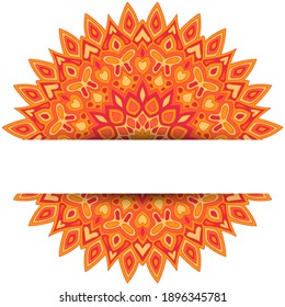 Plantilla de tarjeta vector Mandala redonda con lugar de texto. Diseño de tarjetas de invitación de boda. Mandala floral redonda con formas de mariposa, corazón, hoja, pétalo, flor. Origen étnico.