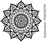 Round Mandala vector and line art with coloring page. Black and white vector mandala design with an Indian theme.