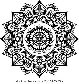 Runde Mandala Vektor- und Linienkunst mit Malvorlage. Schwarz-weißes Vektor-Mandala-Design mit indischem Thema.