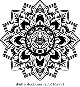 Runde Mandala Vektor- und Linienkunst mit Malvorlage. Schwarz-weißes Vektor-Mandala-Design mit indischem Thema.